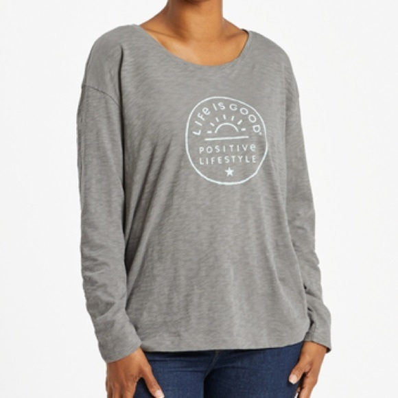 Life is good Women's Oversized Tee Positive lifestyle long sleeve grey Large - Picture 1 of 5
